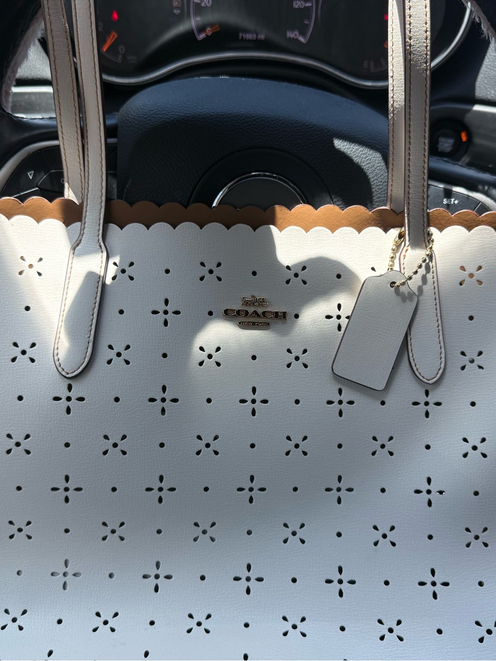 COACH White Perforated Tote with Tan Scalloped Trim